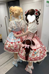 [Strawberry Cake Kitty] Sleeveless Printed Bow Lace Sweet Lolita Strap Dress 3 Colors - Product - 13