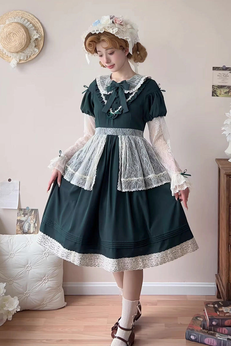 Green [Mist over Flowers Along the Path] Lapel Collar Long Sleeves Embroidery Bowknot Lace Sweet Lolita Dress - Product - 3