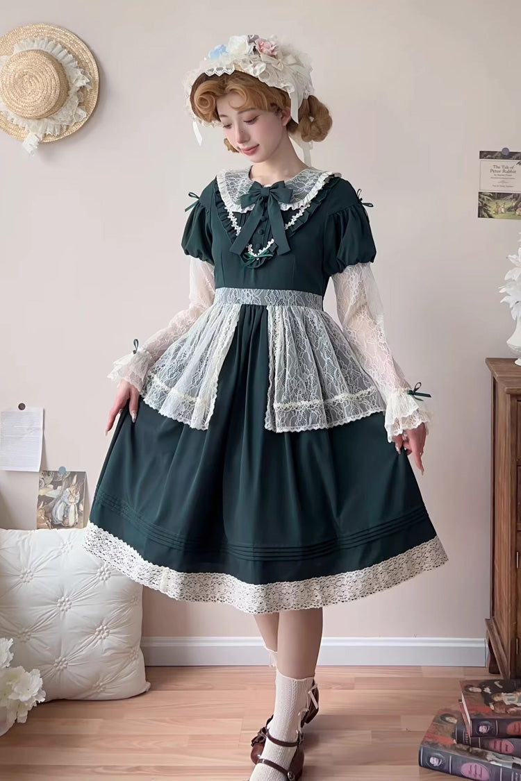 Green [Mist over Flowers Along the Path] Lapel Collar Long Sleeves Embroidery Bowknot Lace Sweet Lolita Dress - Product - 3