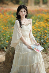 Apricot Bohemian Style Sleeveless Ruffled Embroidered Sweet Lolita Skirt Set - Product - 5