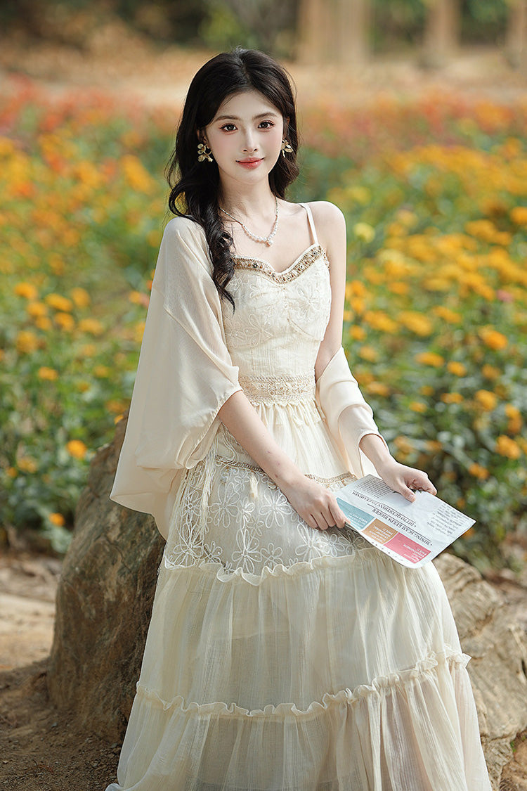 Apricot Bohemian Style Sleeveless Ruffled Embroidered Sweet Lolita Skirt Set - Product - 5