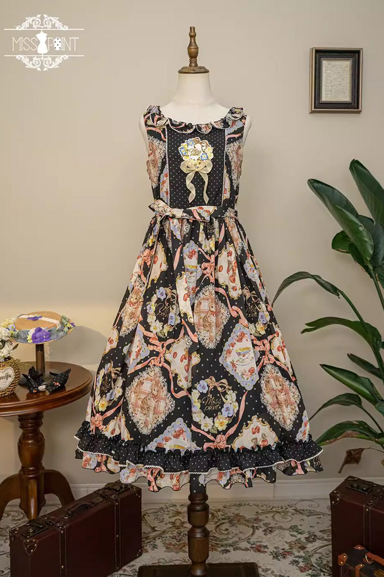 Cat Rose Tea Sleeveless Print Ruffle Bowknot Sweet Lolita Jumper Dress 3 Colors - Black - 4
