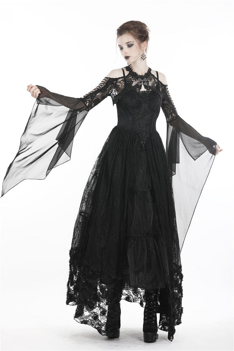 Black Off Shoulder Sheer Lace Long Trumpet Chiffon Sleeves Cut-Out Women's Gothic Capelet - Product - 11
