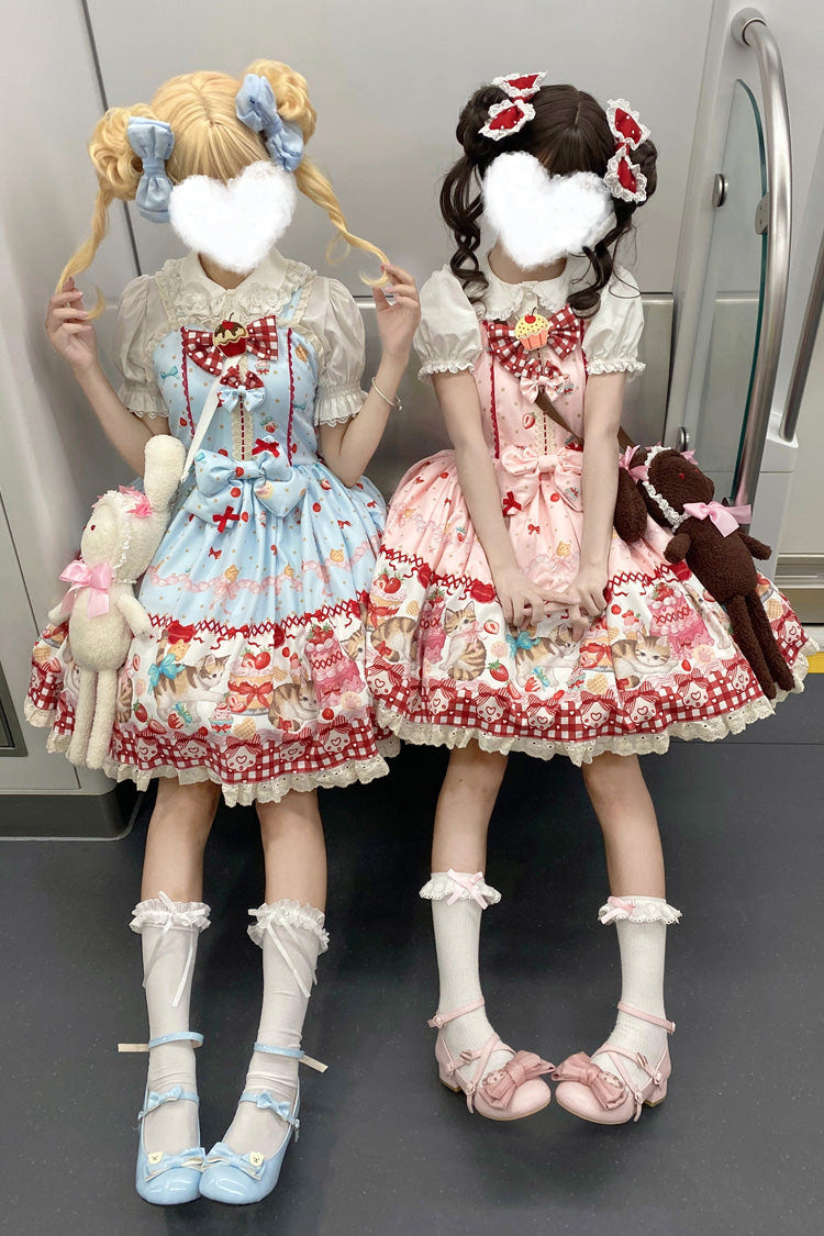 [Strawberry Cake Kitty] Sleeveless Printed Bow Lace Sweet Lolita Strap Dress 3 Colors - Product - 4