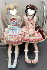 [Strawberry Cake Kitty] Sleeveless Printed Bow Lace Sweet Lolita Strap Dress 3 Colors - Product - 4