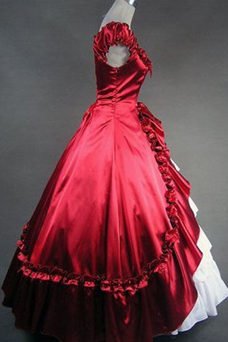 Red/White Cotton Square Collar Cap Sleeves Floor Length Pleats Bowknot Cardigan Victorian Gothic Lolita Dress - Product - 2