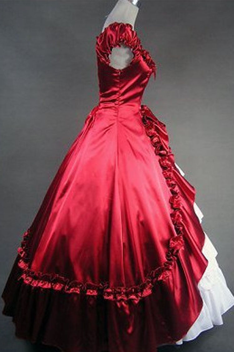 Red/White Cotton Square Collar Cap Sleeves Floor Length Pleats Bowknot Cardigan Victorian Gothic Lolita Dress - Product - 2