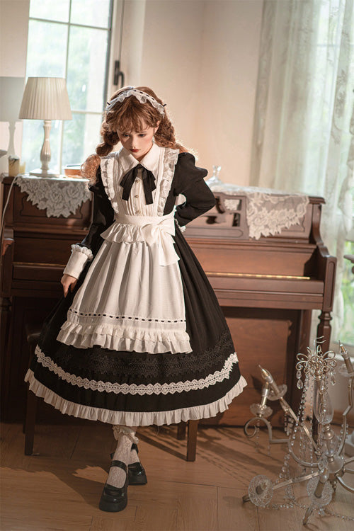 Black Lapel Collar Bowknot Long Sleeves Ruffled Sweet Lolita Maid OP Dress (Apron is included) - Product - 6