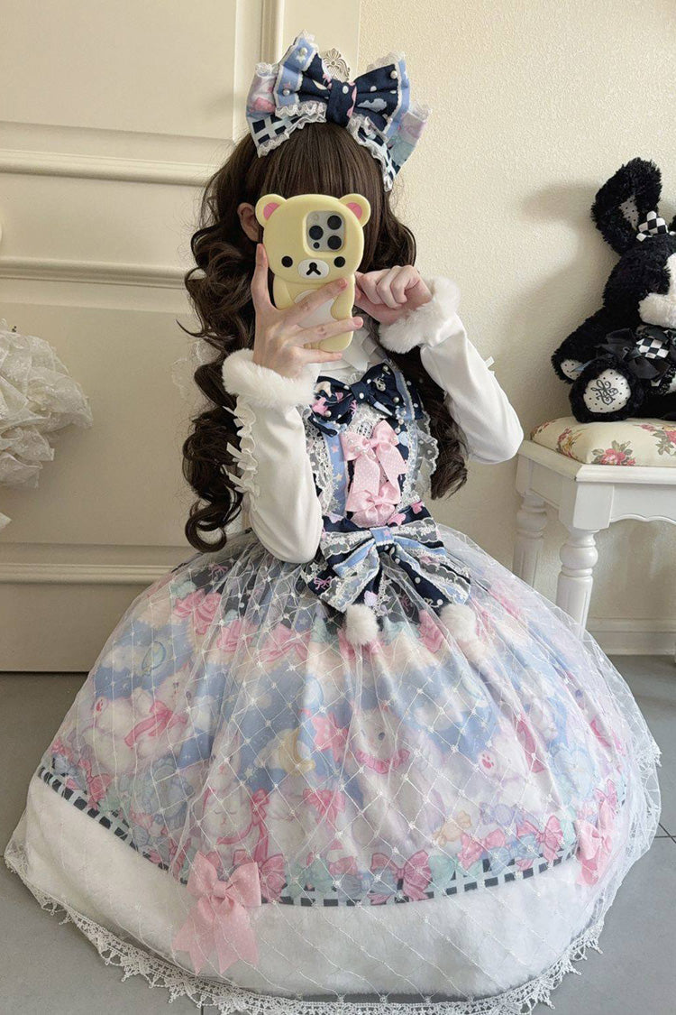 Dark Blue [Candy Mary Cat] Printed Ruffled Embroidered Bow Lace Sweet Lolita Jsk Dress - Product - 2