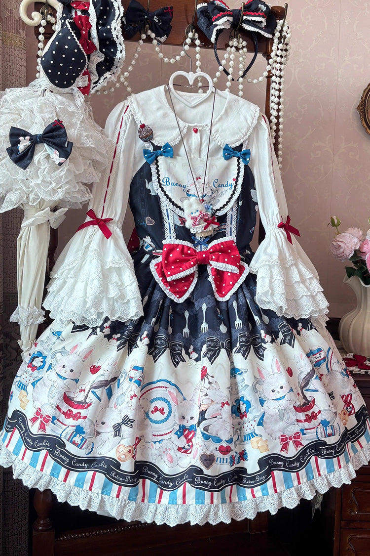 Black [Mystery Rabbit Tea Party] Sleeveless Print Ruffle Bowknot Lace Sweet Lolita Jsk Dress - Product - 4