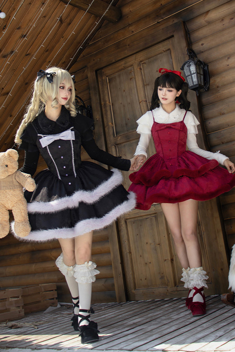 [Winter's Wish] Double-Layered Jacquard Bowknot Furry Sweet Lolita Jsk Dress 2 Colors - Product - 8