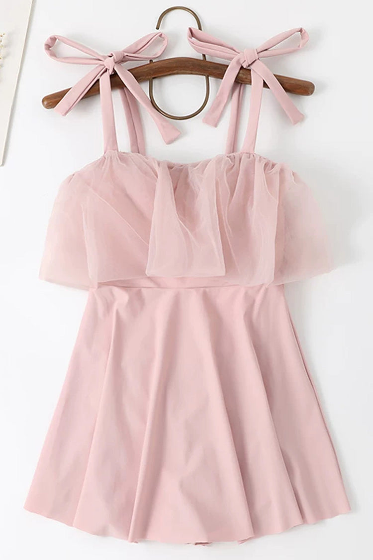 Pink Sleeveless Ruffled Lace-Up Sweet Japanese Lolita One-Piece Swimsuit - Pink - 1