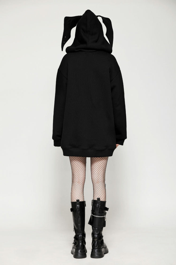 Black Long Sleeves Zippered Women's Gothic Batwing Hoodie - Product - 4