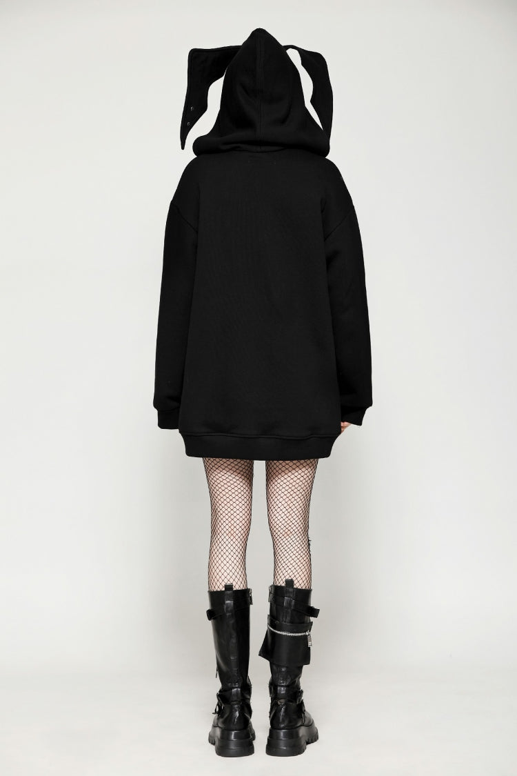 Black Long Sleeves Zippered Women's Gothic Batwing Hoodie - Product - 4