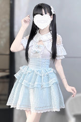 White/Blue Short Sleeves Double-Layered Ruffle Hollow Bowknot Lace-Up Jirai Kei Japanese Skirt Set - Product - 4
