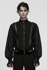 Black Stand Collar Long Puff Sleeves Ruffle Pleated Men's Gothic Blouse - Black - 1