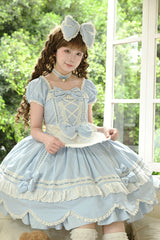Blue [Petal Bunny] Cotton Square Collar Short Sleeves Double-Layered Ruffled Bow Lace Lace-Up Sweet Lolita Dress - Product - 3