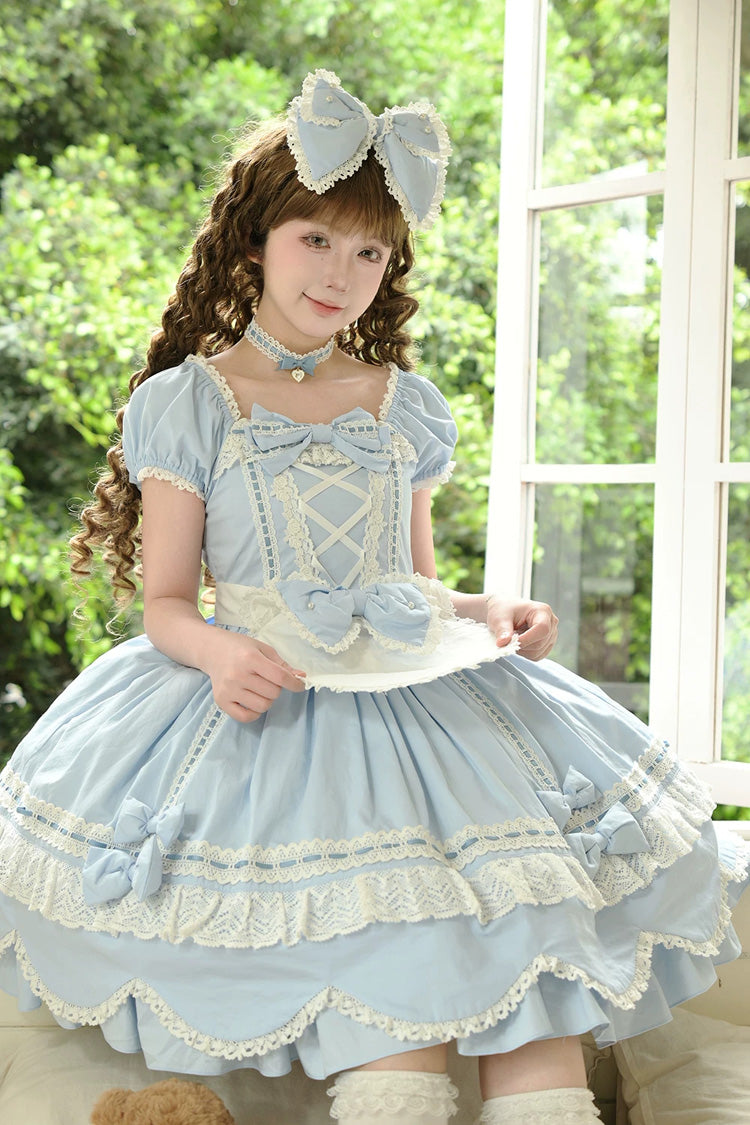Blue [Petal Bunny] Cotton Square Collar Short Sleeves Double-Layered Ruffled Bow Lace Lace-Up Sweet Lolita Dress - Product - 3