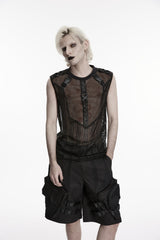 Black Round Collar Sleeveless Cut-Out Mesh Buckled Eyelet Men's Punk Vest - Product - 8