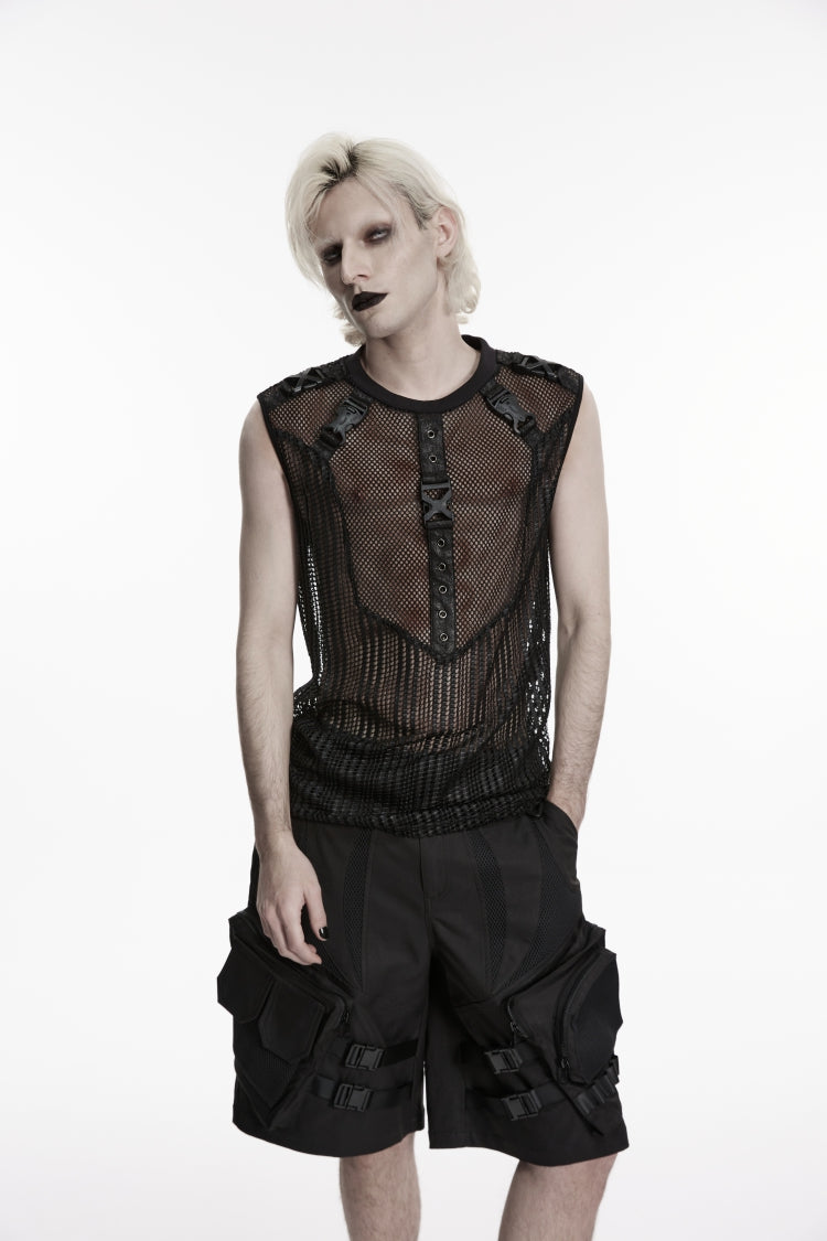 Black Round Collar Sleeveless Cut-Out Mesh Buckled Eyelet Men's Punk Vest - Product - 8