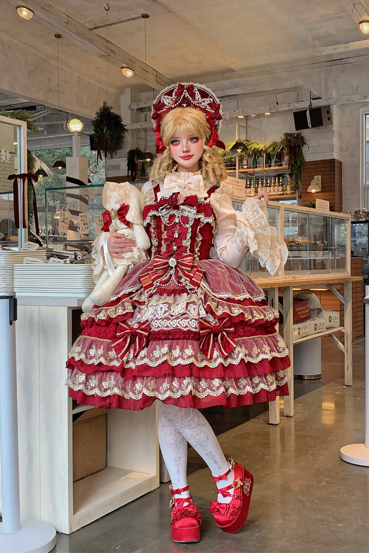 Red [Crown of Gems] Triple-Layered Ruffle Bowknot Lace Sweet Gorgeous Lolita Jsk Dress - Product - 6