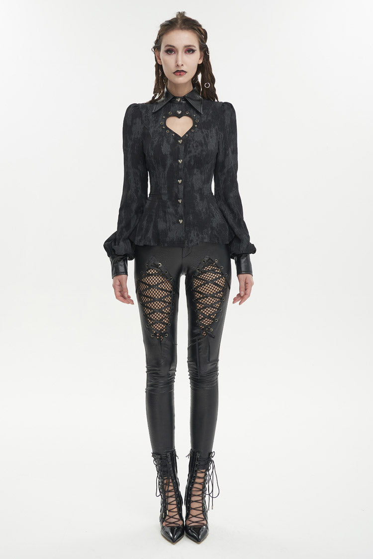Black Leather lapel Heart Cutout Puff Sleeved Women's Gothic Shirt - Product - 2