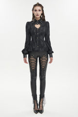 Black Leather lapel Heart Cutout Puff Sleeved Women's Gothic Shirt - Product - 2