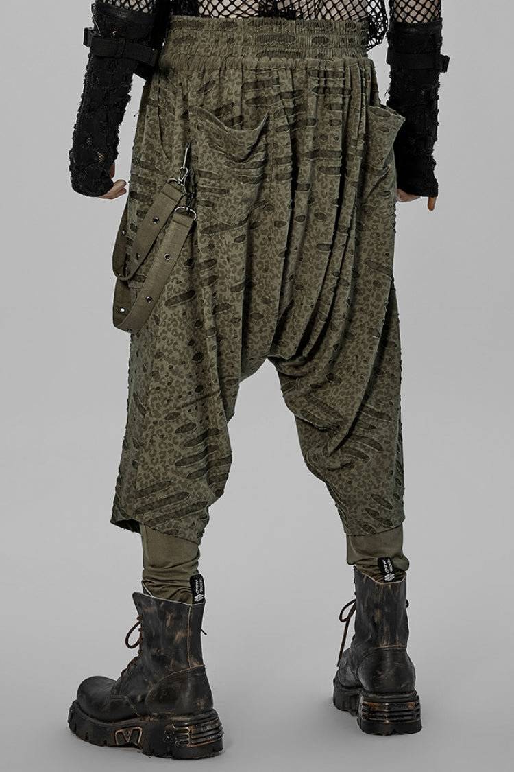 Green Ripped Men's Punk Sagging Pants with Straps - Product - 3
