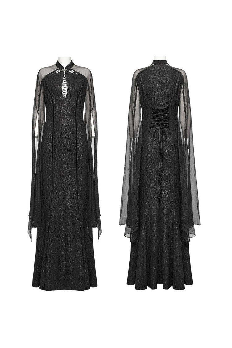 Black Cheongsam Collar Chiffon Stitching Ripped Women's Gothic Dress - Product - 5