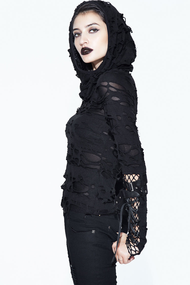 Black Hooded Ripped Finger Covered Splice Mesh Leather Loop Lace Up Women's Punk Shirt - Product - 3