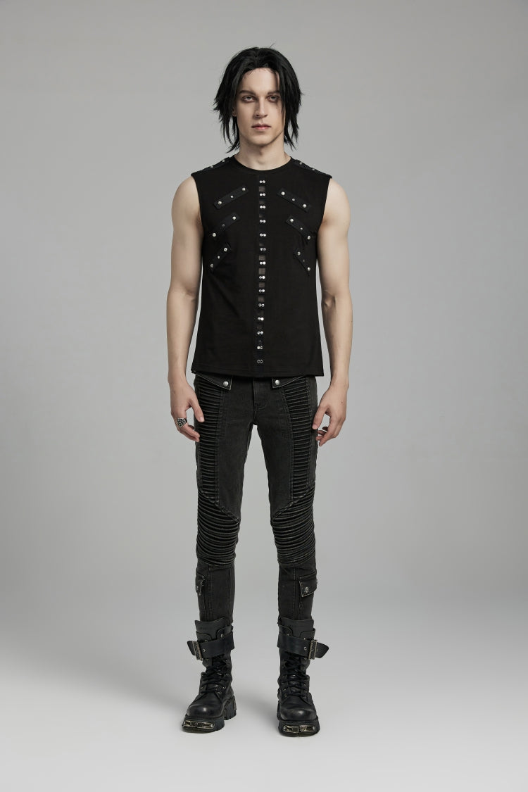 Black Spliced Slim Mesh Eyelet Men's Punk Vest - Product - 2
