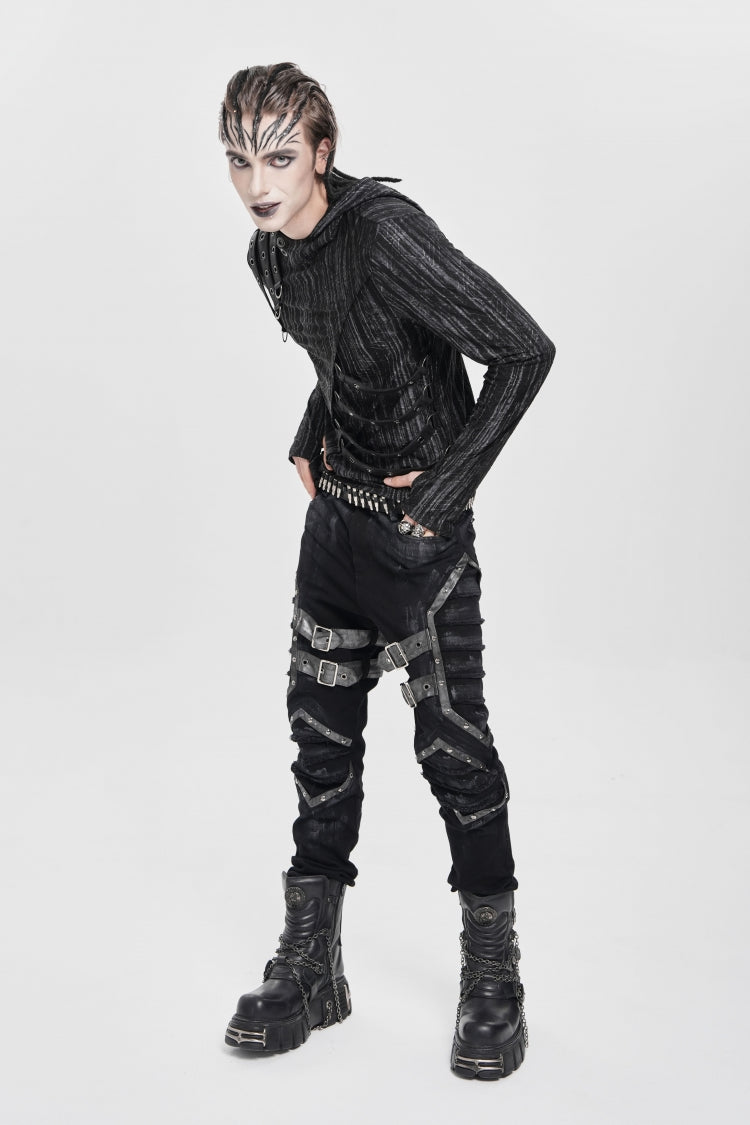 Black Buckle Straps Pleated Men's Punk Pants - Product - 12
