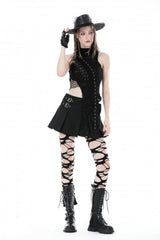 Black High Collar Sleeveless Irregular Asymmetric Lace-Up Eyelet Women's Punk Ripped Tank Top - Product - 10