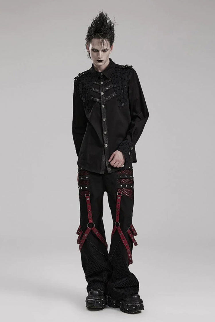 Black Hollow Hole Stitching Mens Steampunk Blouse - Product - 4
