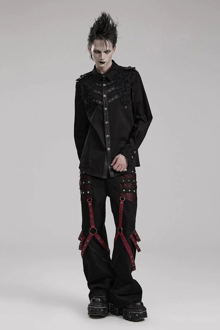 Black Hollow Hole Stitching Mens Steampunk Blouse - Product - 4