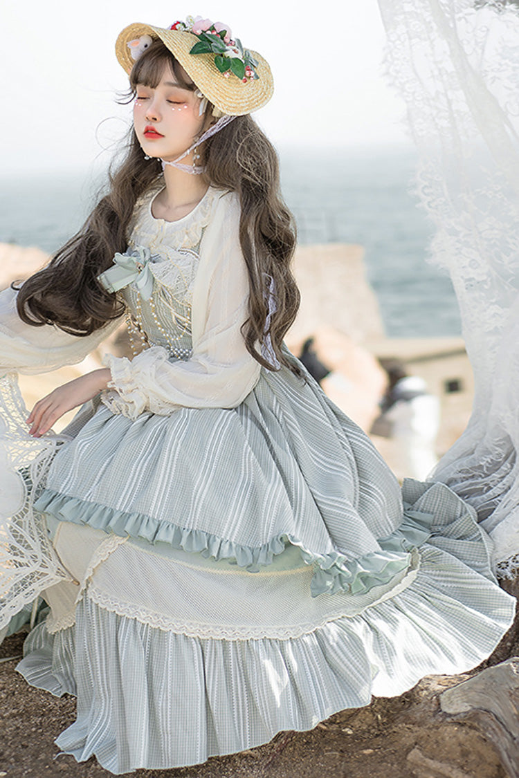 Light Blue Ribbed Chiffon Juniors Sweet Lolita JSK Dress (Belt & Chain are included) - Product - 3