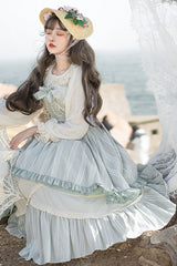 Light Blue Ribbed Chiffon Juniors Sweet Lolita JSK Dress (Belt & Chain are included) - Product - 3