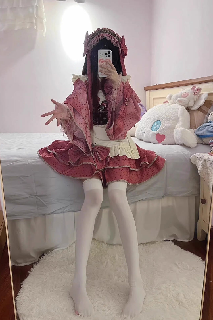 Pink Multi-layer Strawberry Polka Dot Print Bowknot Princess Sweet Lolita Skirt Set - Product - 4