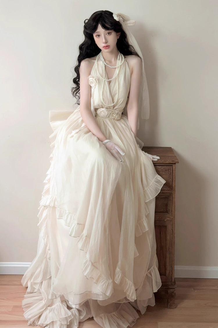 Apricot Halterneck Sleeveless Ruffle Bowknot Lace Sweet Princess Lolita Jsk Long Dress Set - Product - 5