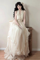 Apricot Halterneck Sleeveless Ruffle Bowknot Lace Sweet Princess Lolita Jsk Long Dress Set - Product - 5