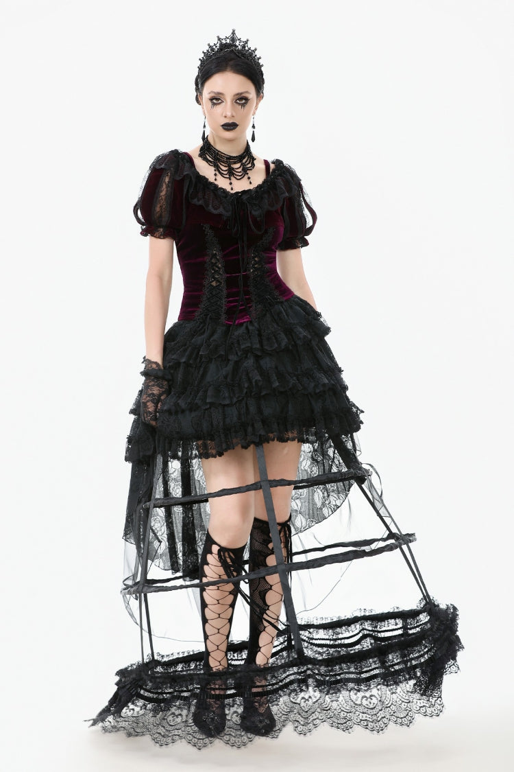 Black Ruffled Doll Collar Short Puff Sleeves Lace-Up Women's Gothic Princess Velvet Cape - Product - 6