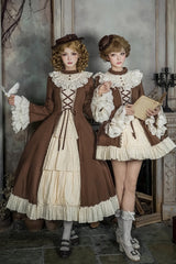 Brown/Beige [Nutcracker] Stand Collar Long Trumpet Sleeves Ruffle Cardigan Bowknot Lace-Up Sweet Lolita Dress Set 2 Versions - Product - 12