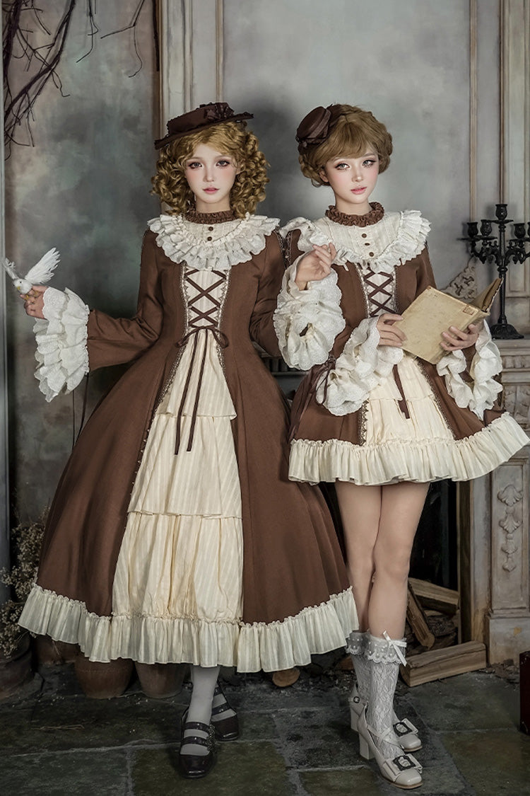 Brown/Beige [Nutcracker] Stand Collar Long Trumpet Sleeves Ruffle Cardigan Bowknot Lace-Up Sweet Lolita Dress Set 2 Versions - Product - 12