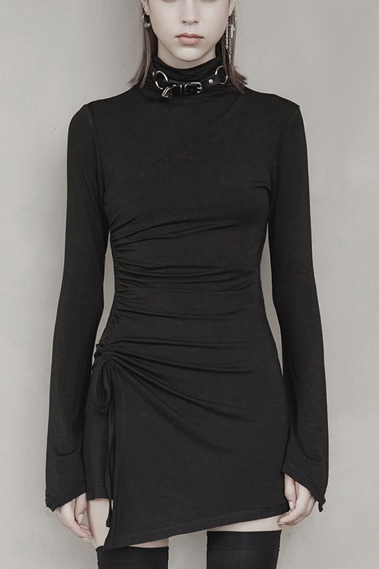 Black Cashmere Knitting Cross Fold Tie Rope Design High Collar Pleated Fit Women's Punk Dress - Black - 1