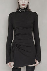 Black Cashmere Knitting Cross Fold Tie Rope Design High Collar Pleated Fit Women's Punk Dress - Black - 1