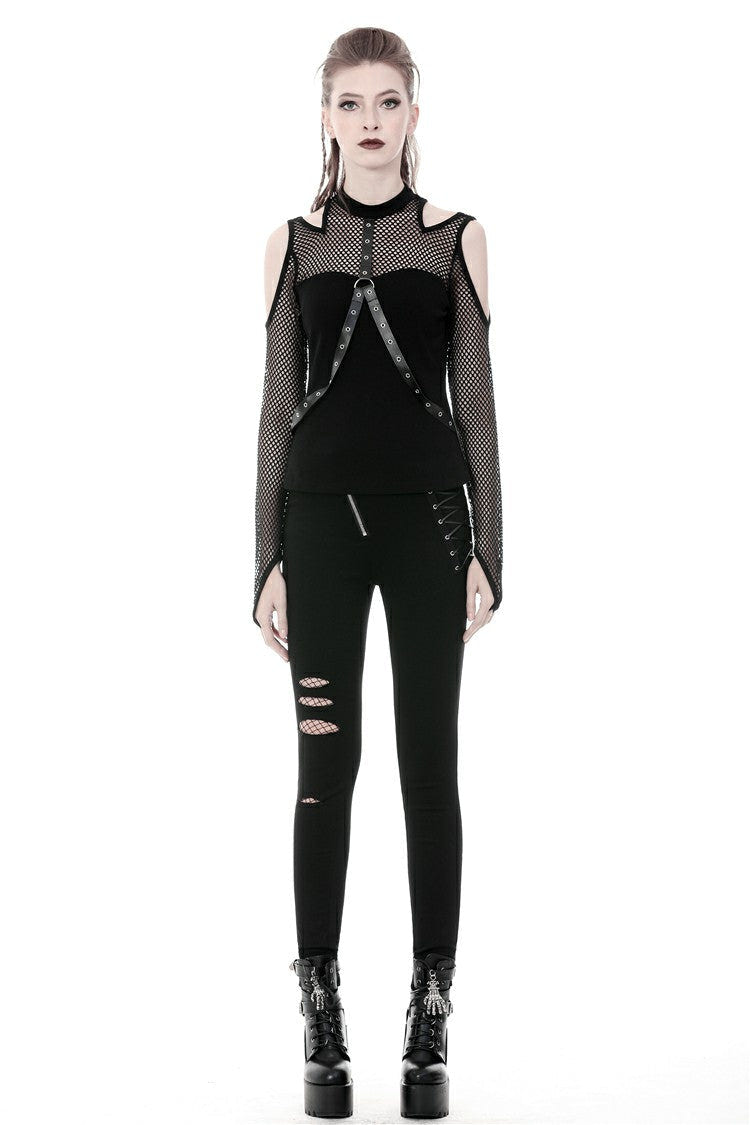 Black Off Shoulder Long Sleeves Mesh Crossed Harness Straps Eyelet Sexy Women's Punk Top - Product - 11