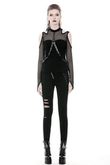 Black Off Shoulder Long Sleeves Mesh Crossed Harness Straps Eyelet Sexy Women's Punk Top - Product - 11