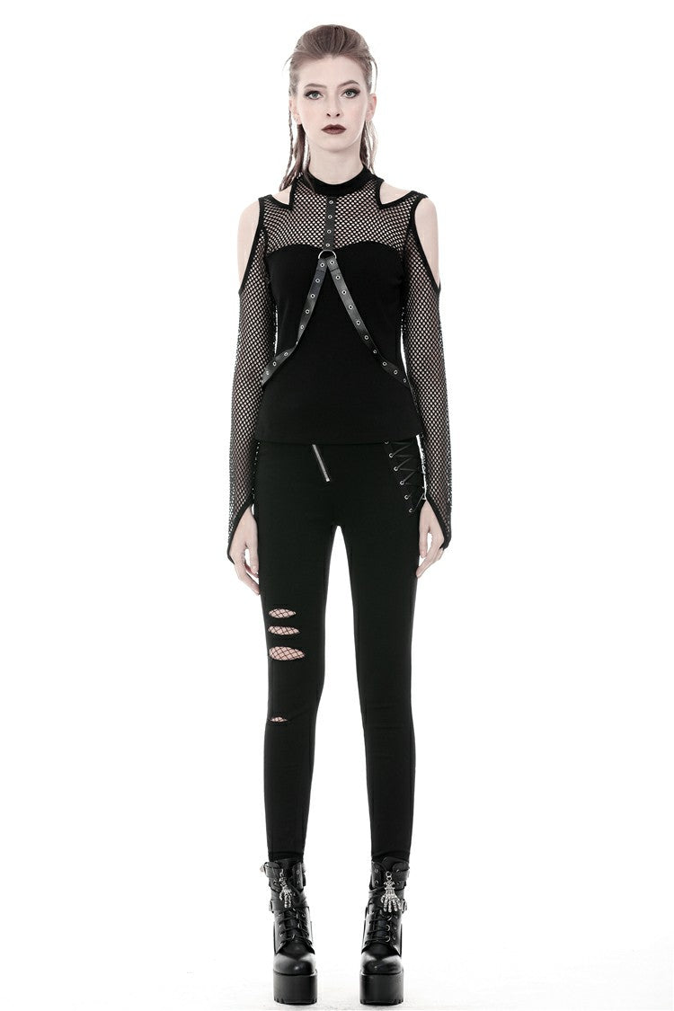 Black Off Shoulder Long Sleeves Mesh Crossed Harness Straps Eyelet Sexy Women's Punk Top - Product - 11