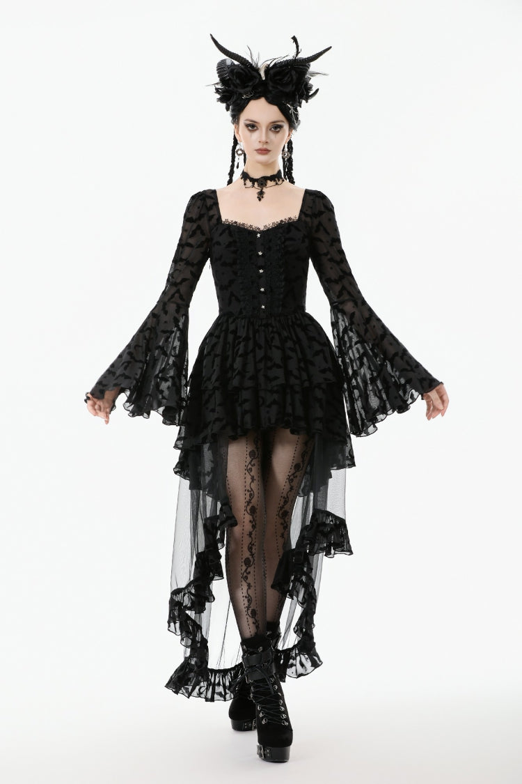 Black Square Collar Long Trumpet Sleeves Bat Printed Lace Irregular Hem Women's Gothic Dress - Product - 7