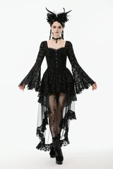 Black Square Collar Long Trumpet Sleeves Bat Printed Lace Irregular Hem Women's Gothic Dress - Product - 7
